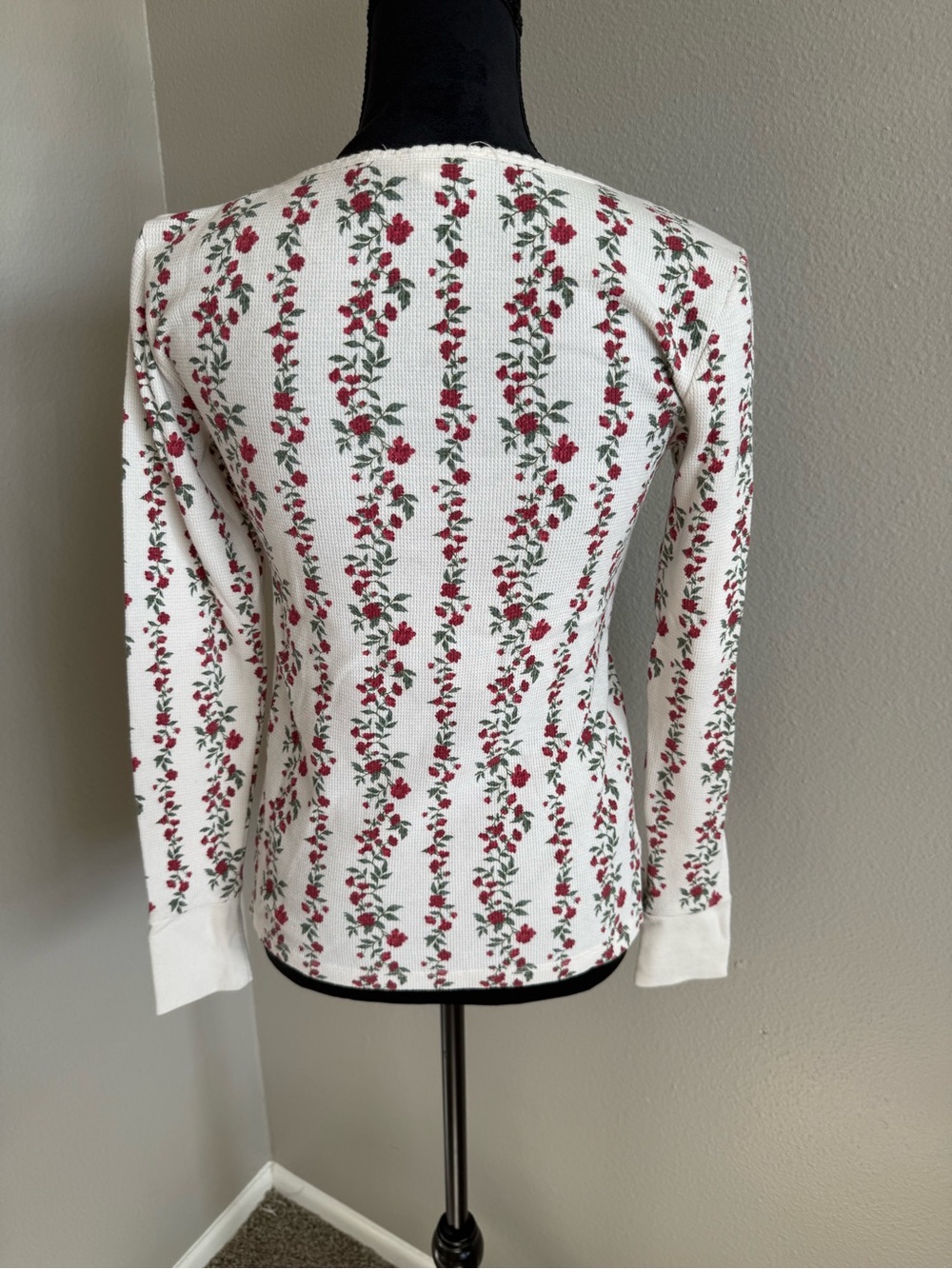 Lucky Brand White Long Sleeve Henley with Red Floral Stripe - Picture 3 of 4
